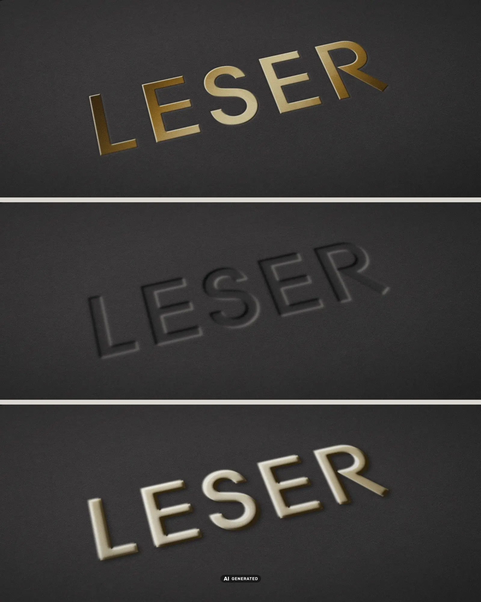 LESER-Schriftzug in 3 Prägeverfahren: Planprägung in Gold, Blindprägung ohne Farbe und Reliefprägung