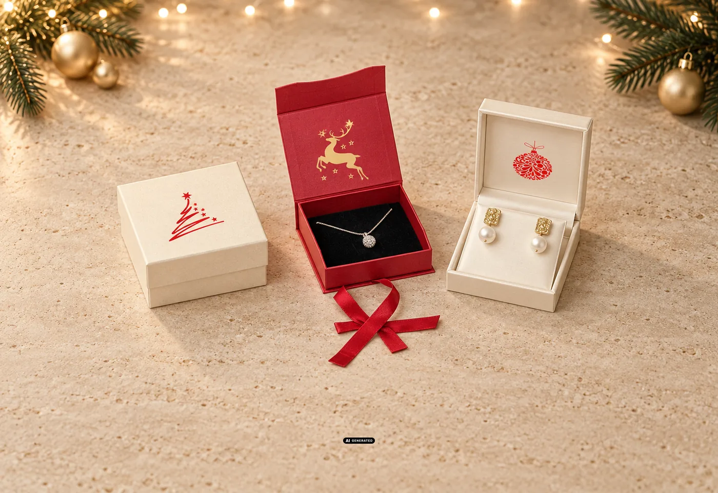 Drei LESER Schmuckverpackungen zu Weihnachten: Schachtel 0230 PLAIN creme mit Motiv TREE, Etui 0275 CELEBRATION rot mit goldenem Hirsch innen und Etui 5530 BRILLIANT creme mit Motiv BAUBLE innen