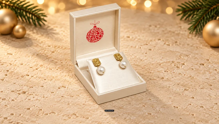 LESER Schmucketui 5530 BRILLIANT in Creme, geöffnet, mit Weihnachtsmotiv BAUBLE in Rot innen im Deckel